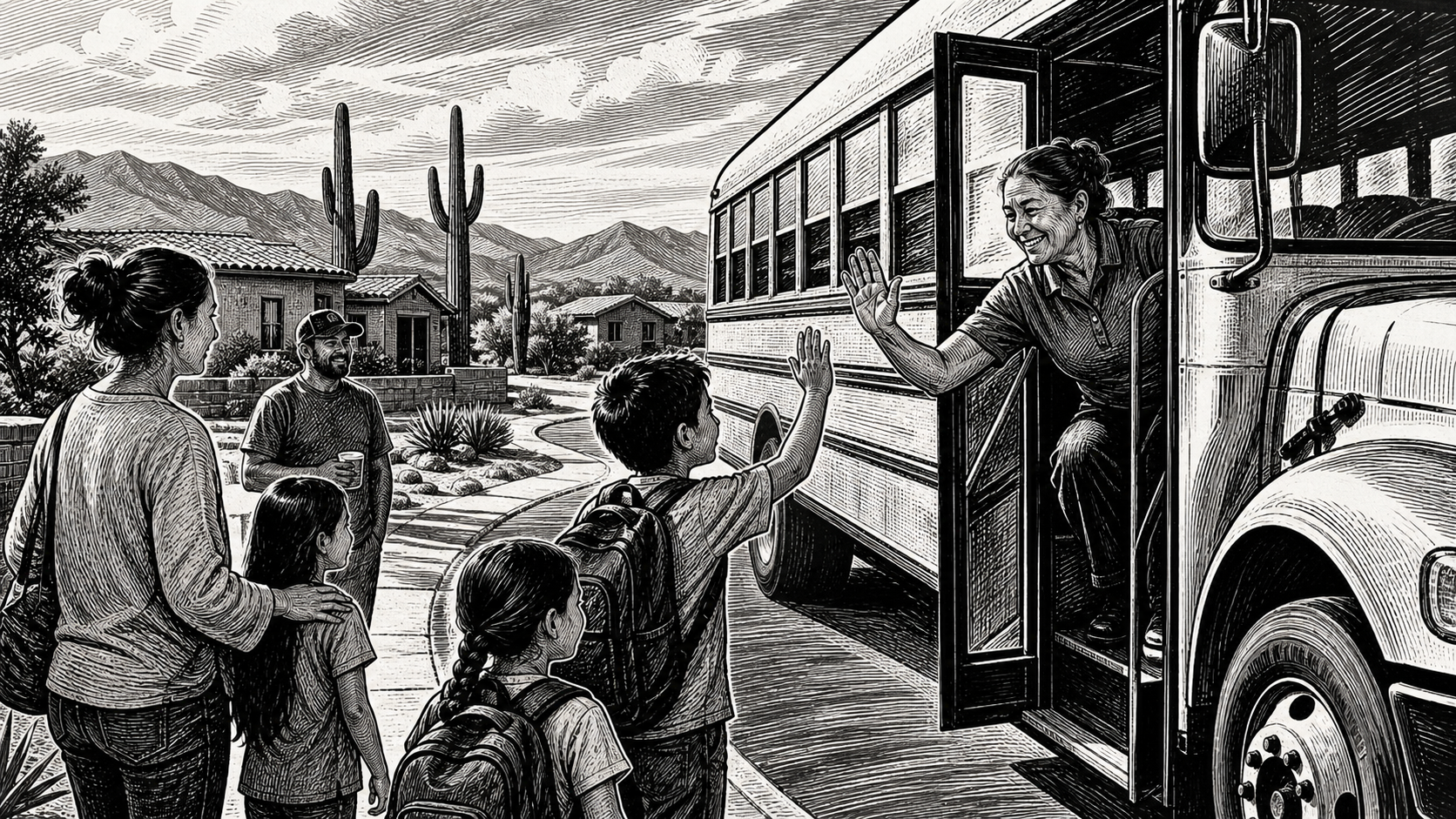 Black-and-white ink illustration of an Arizona school bus driver greeting children and families on a morning route