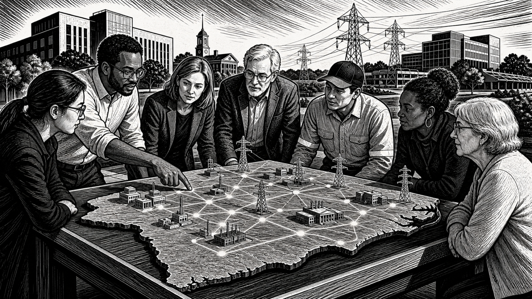 Black-and-white ink illustration of researchers, utility workers, and residents gathered around a regional electric-grid model