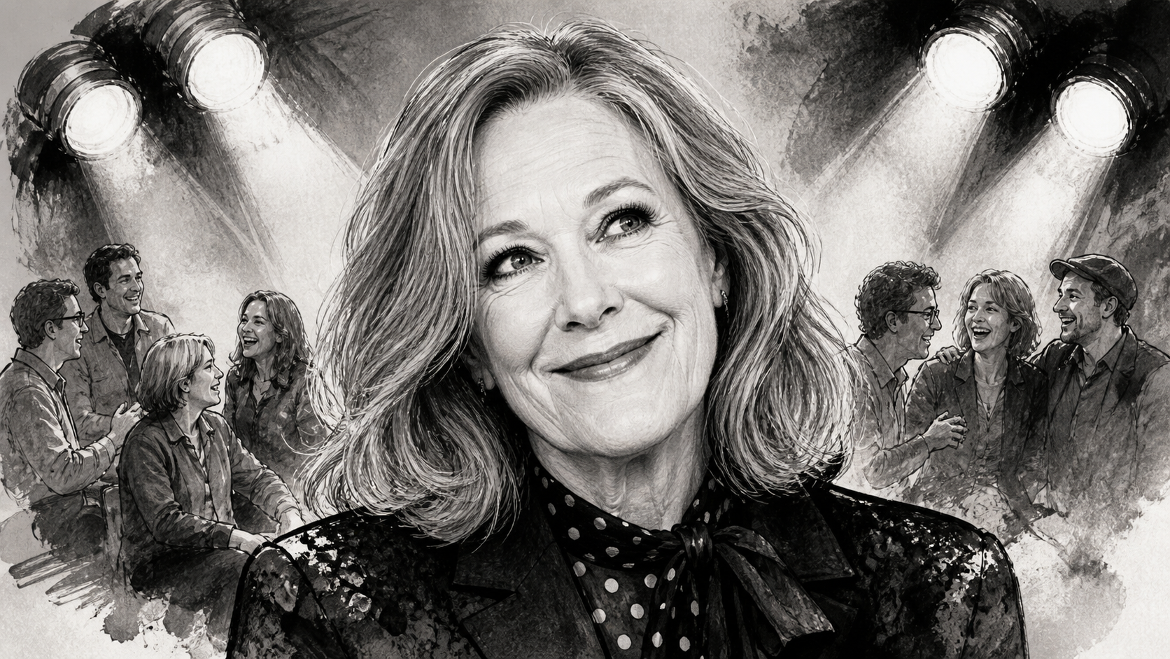 Black-and-white editorial portrait evoking Catherine O’Hara surrounded by an ensemble-stage frame and soft marquee lights