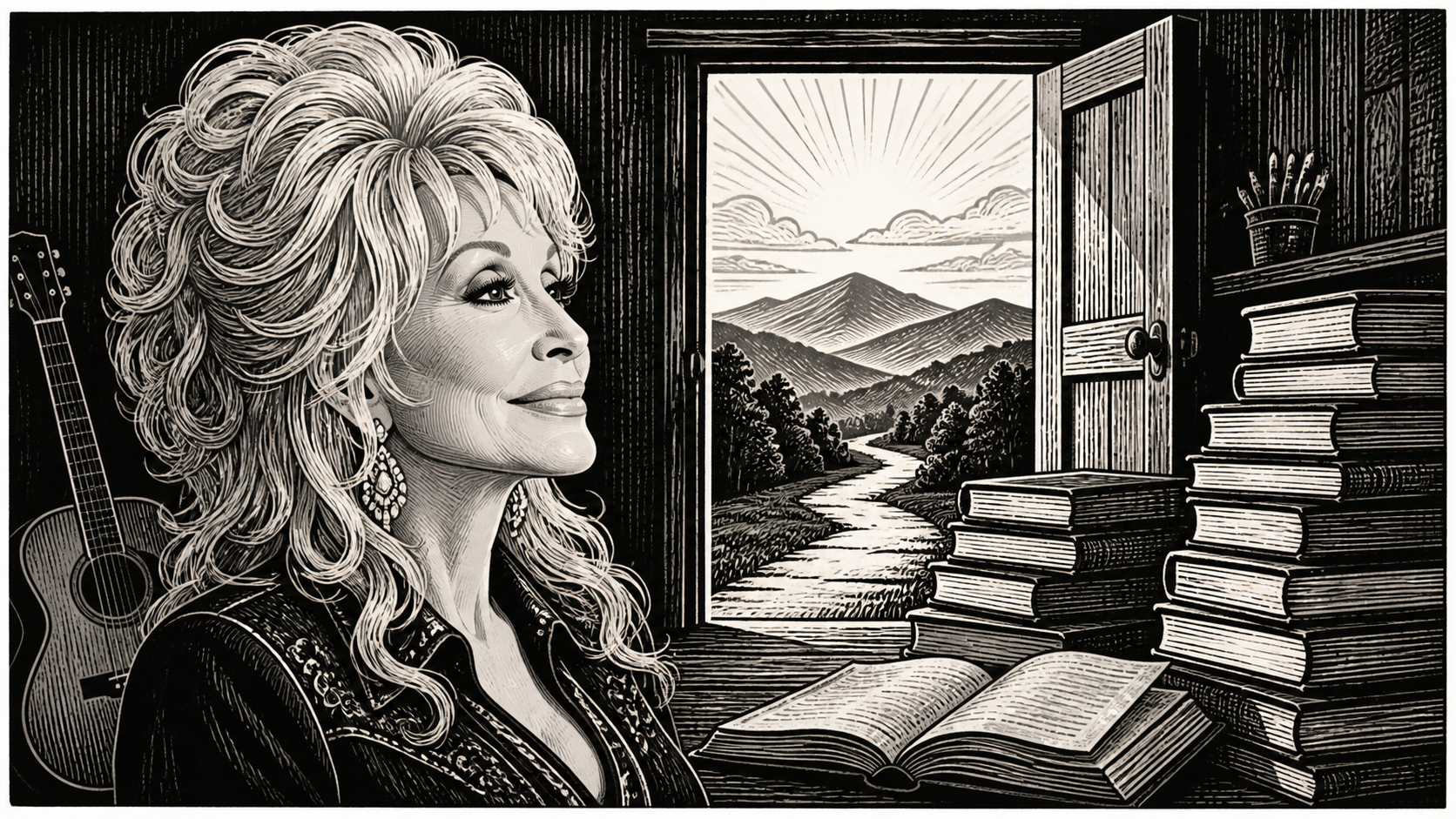 Black-and-white editorial portrait evoking Dolly Parton beside children’s books and an open doorway toward the Smoky Mountains