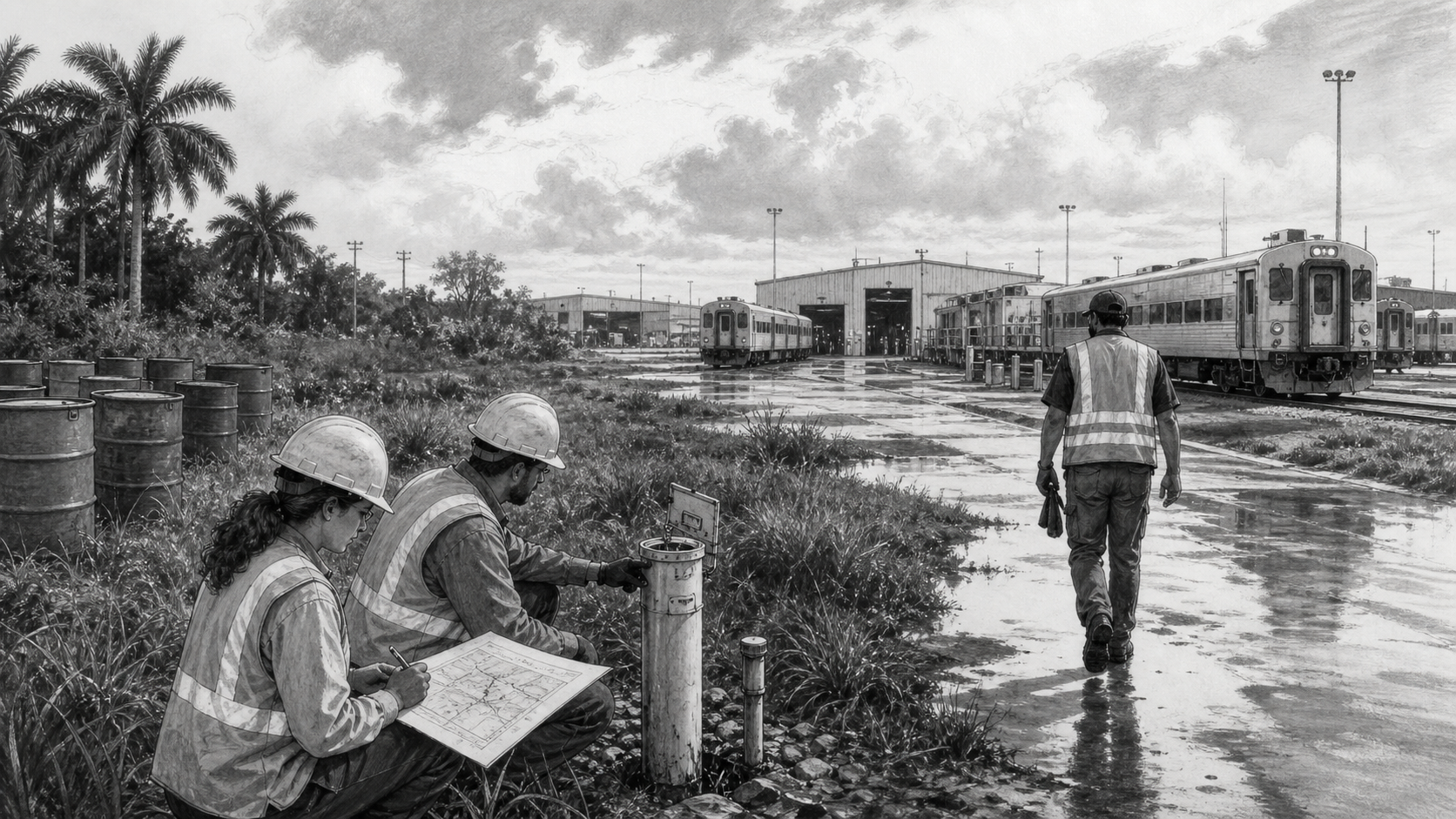 Two environmental workers inspect a groundwater monitoring well while a third worker walks toward an active South Florida train-maintenance complex after rain