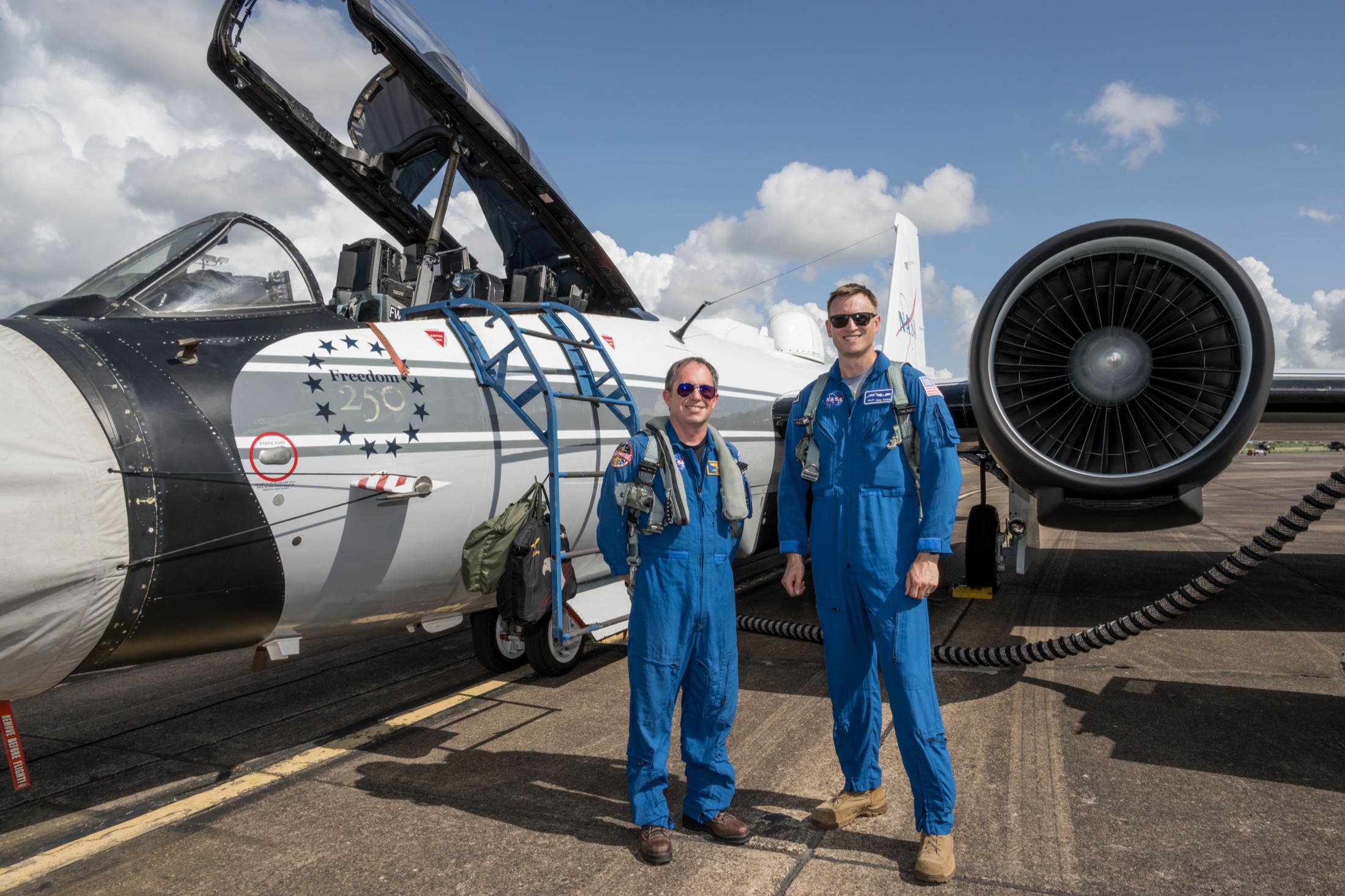 NASA’s WB-57F research aircraft at Ellington Field as its pilot and sensor operator prepare for an eclipse-observation flight