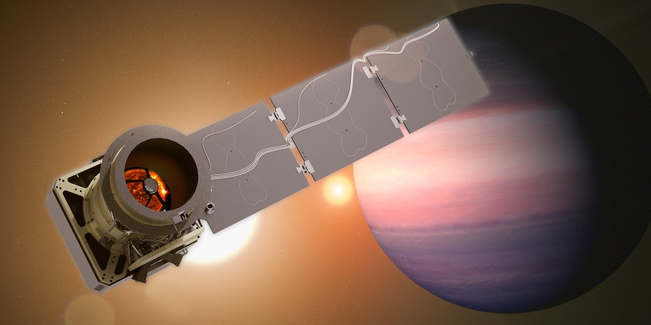 Illustration of NASA’s Pandora spacecraft with an exoplanet and two bright stars in the background