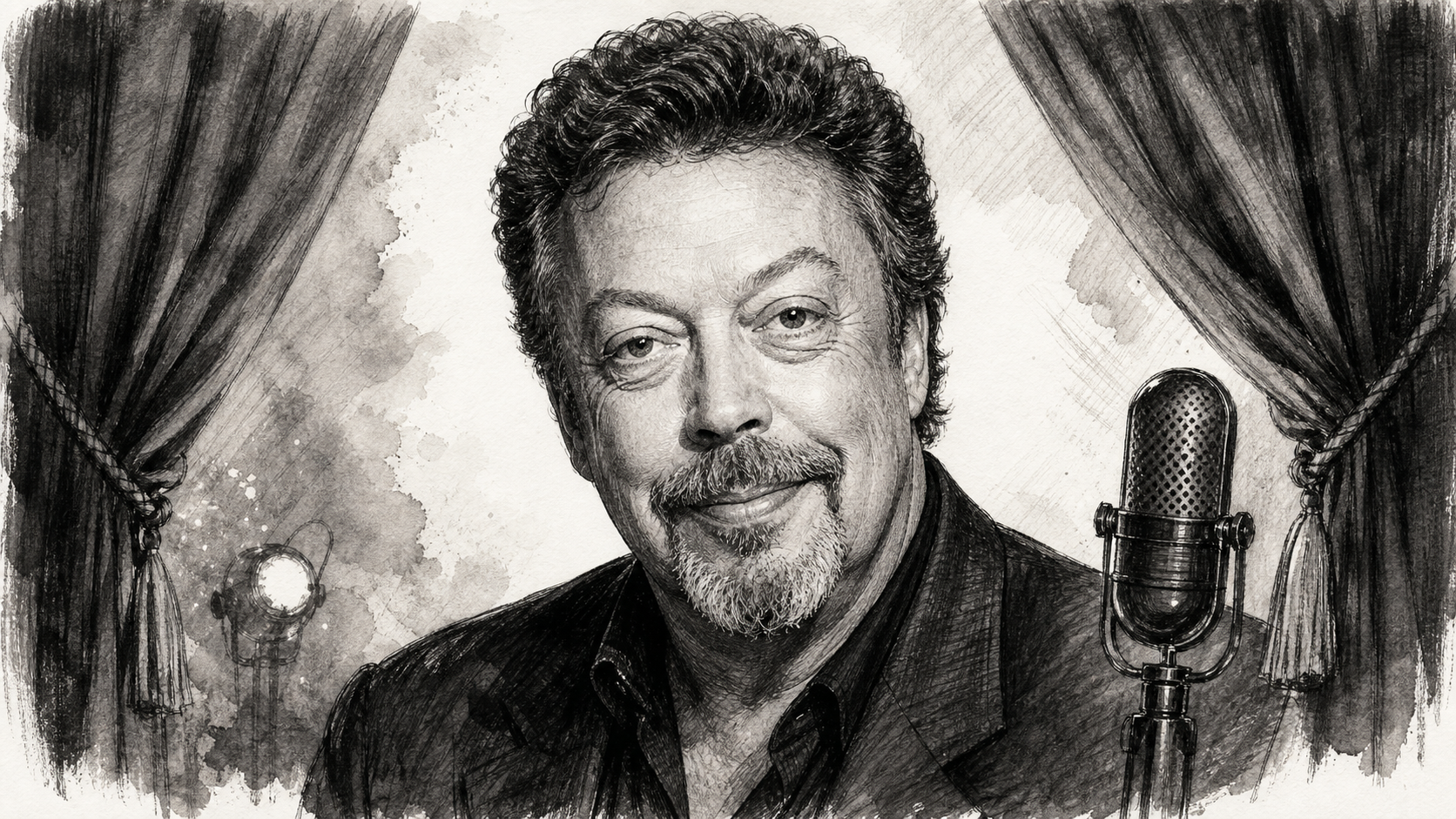 Black-and-white editorial portrait evoking Tim Curry framed by stage curtains and theatrical light
