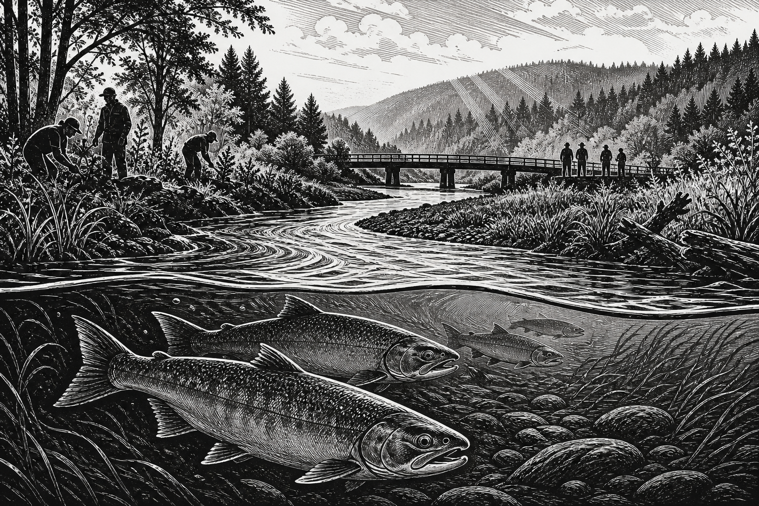 Black-and-white linocut illustration of chum salmon swimming through a restored braided river beneath a small bridge in Washington evergreen country