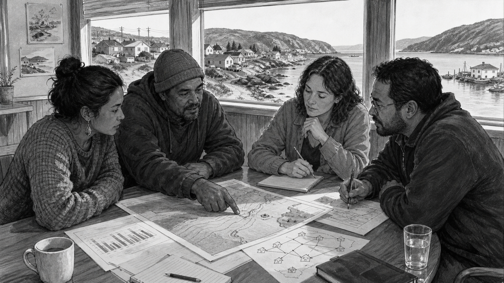 Four community members study maps and an energy-system diagram around a table while a remote coastal settlement is visible through the windows