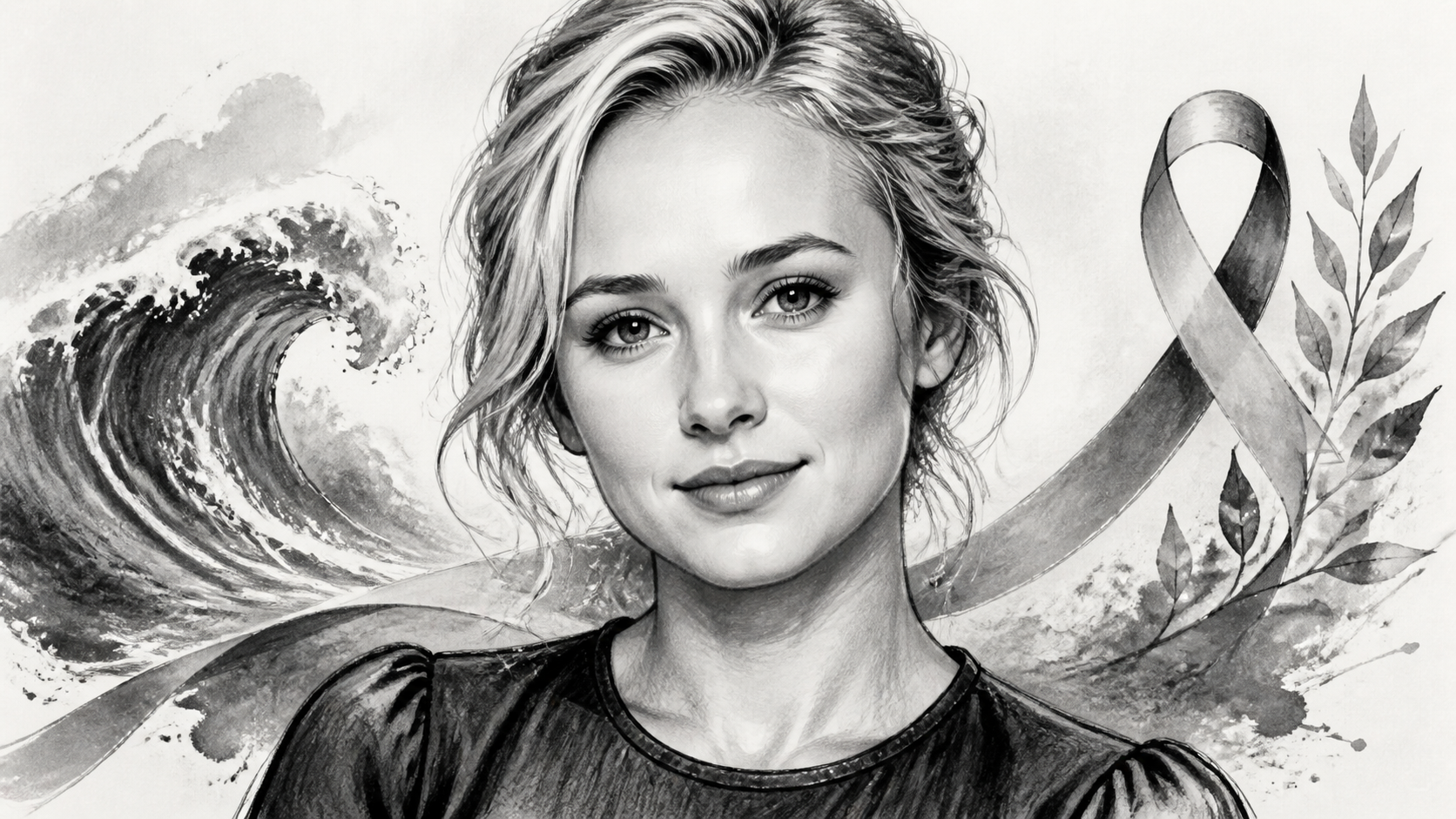 Black-and-white editorial portrait evoking Hayden Panettiere beside ocean waves and a softly lit microphone